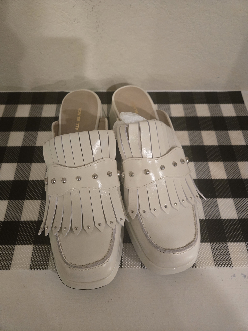 Fringed Studded White Slip-On Mules